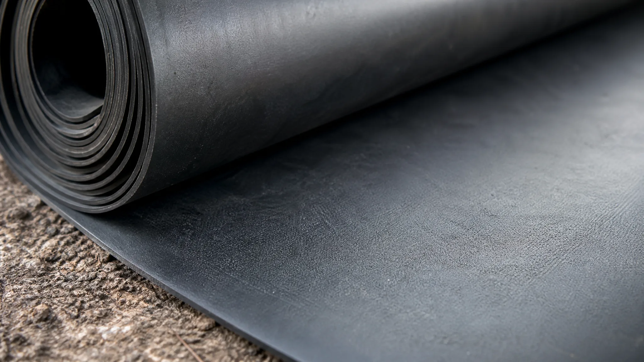 Крупный план рулона EPDM-мембраны раскатываемой по котловану пруда